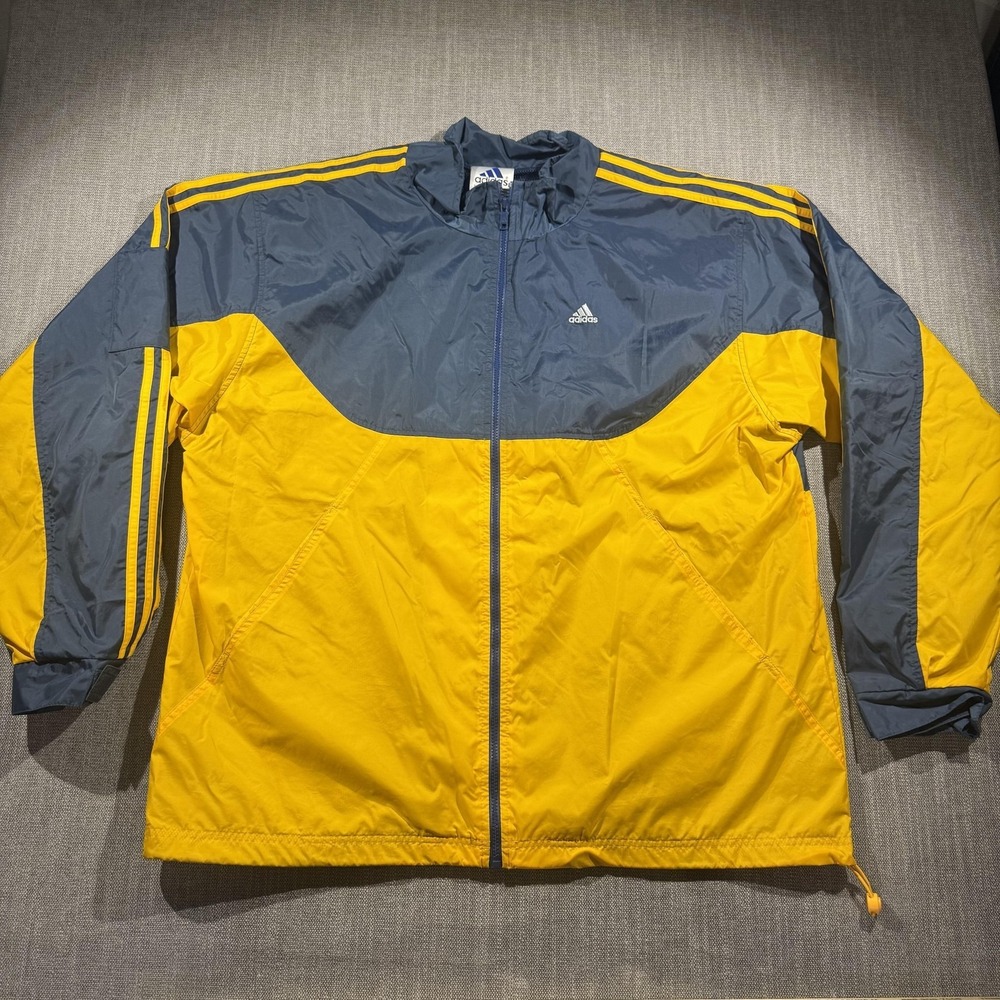 Adidas Jacket Mens 2XL Yellow Gray Colorblock Full Zip Windbreaker 3 Stripe